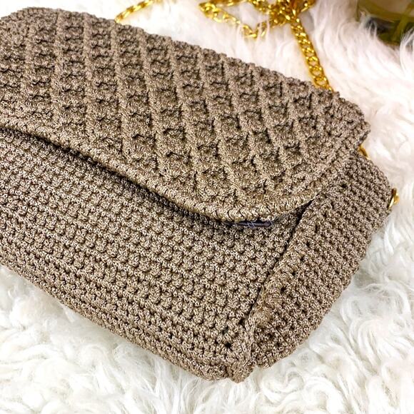 Crocheted Tan of Gold Strap Crossbody Bag Purse Handbag Medium Size - Picture 5 of 9